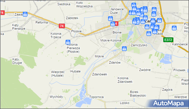 mapa Mokre gmina Zamość, Mokre gmina Zamość na mapie Targeo