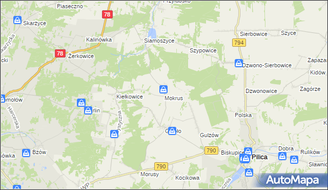 mapa Mokrus gmina Ogrodzieniec, Mokrus gmina Ogrodzieniec na mapie Targeo