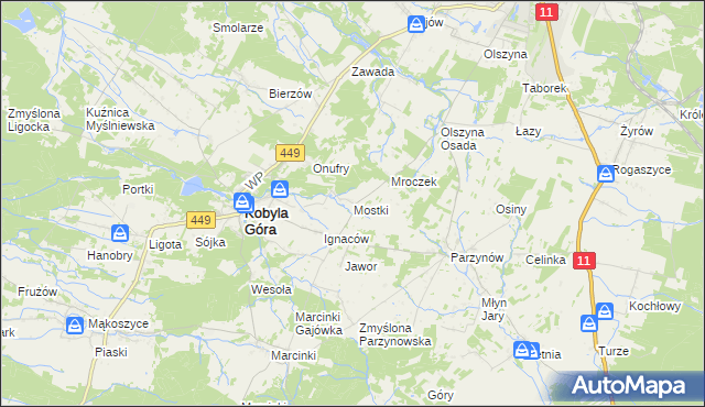 mapa Mostki gmina Kobyla Góra, Mostki gmina Kobyla Góra na mapie Targeo
