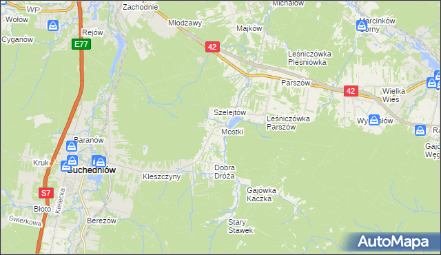 mapa Mostki gmina Suchedniów, Mostki gmina Suchedniów na mapie Targeo