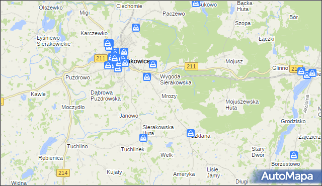 mapa Mrozy gmina Sierakowice, Mrozy gmina Sierakowice na mapie Targeo