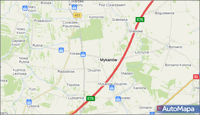 mapa Mykanów, Mykanów na mapie Targeo