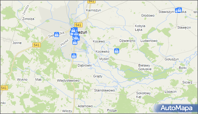 mapa Myślin, Myślin na mapie Targeo