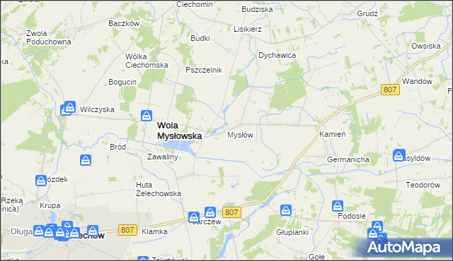 mapa Mysłów gmina Wola Mysłowska, Mysłów gmina Wola Mysłowska na mapie Targeo