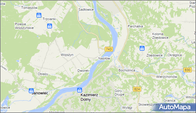 mapa Nasiłów gmina Janowiec, Nasiłów gmina Janowiec na mapie Targeo