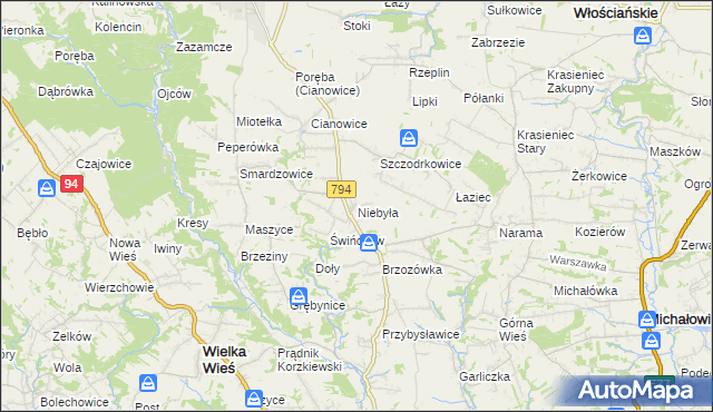 mapa Niebyła gmina Skała, Niebyła gmina Skała na mapie Targeo