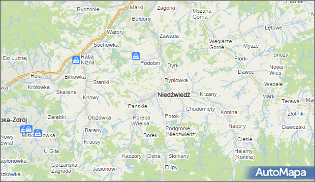 mapa Niedźwiedź powiat limanowski, Niedźwiedź powiat limanowski na mapie Targeo