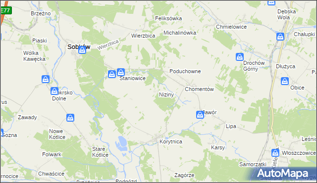 mapa Niziny gmina Sobków, Niziny gmina Sobków na mapie Targeo