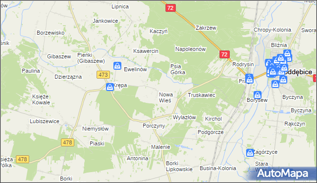 mapa Nowa Wieś gmina Poddębice, Nowa Wieś gmina Poddębice na mapie Targeo