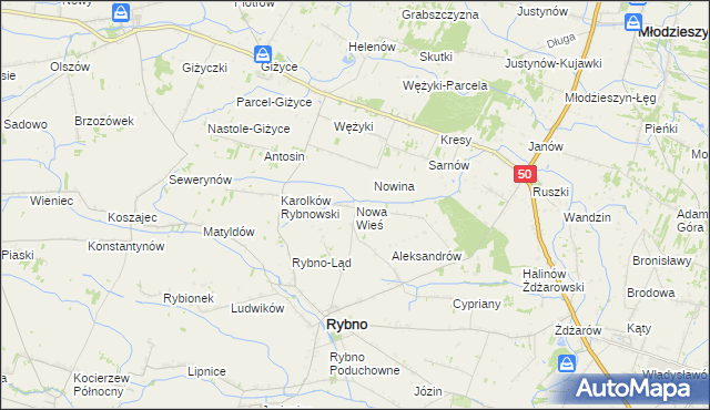 mapa Nowa Wieś gmina Rybno, Nowa Wieś gmina Rybno na mapie Targeo