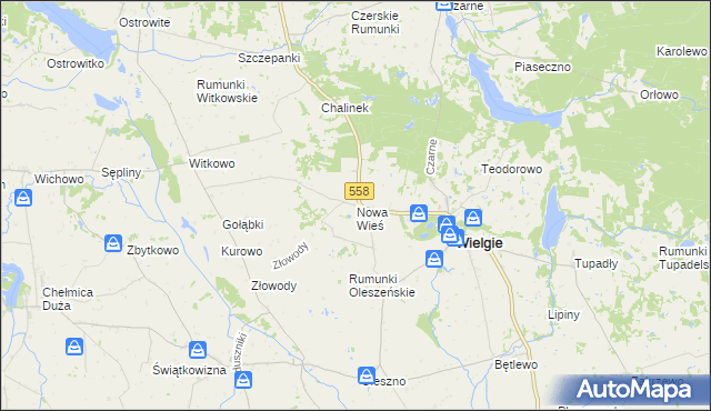 mapa Nowa Wieś gmina Wielgie, Nowa Wieś gmina Wielgie na mapie Targeo