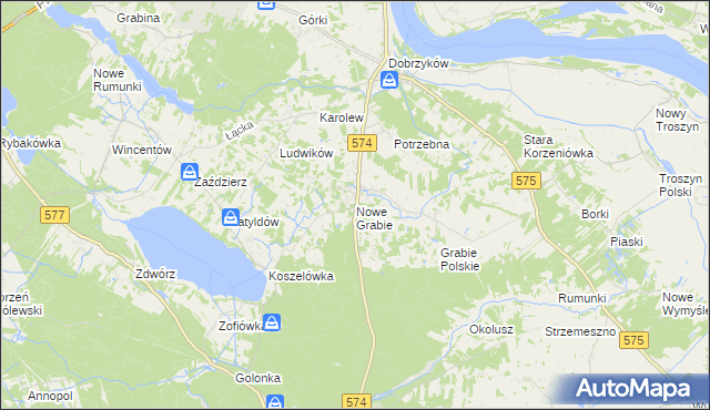 mapa Nowe Grabie gmina Gąbin, Nowe Grabie gmina Gąbin na mapie Targeo