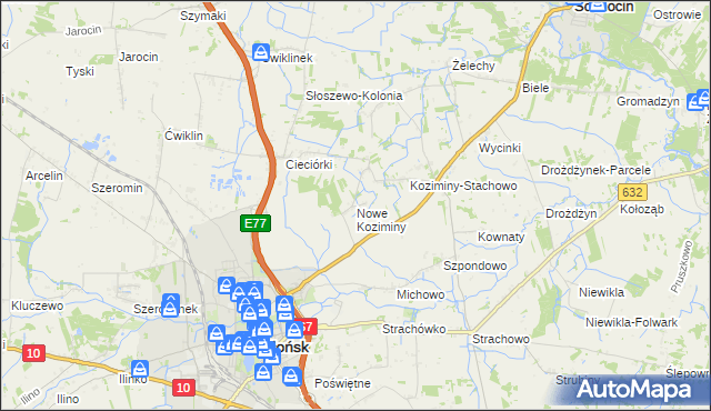 mapa Nowe Koziminy, Nowe Koziminy na mapie Targeo