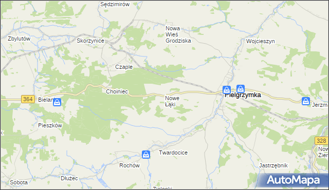 mapa Nowe Łąki gmina Pielgrzymka, Nowe Łąki gmina Pielgrzymka na mapie Targeo