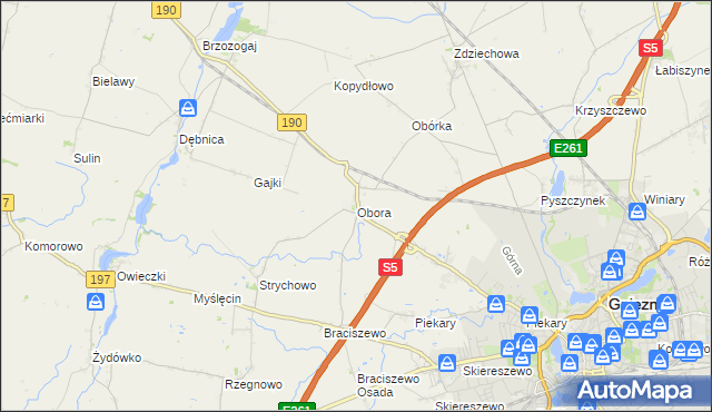 mapa Obora gmina Gniezno, Obora gmina Gniezno na mapie Targeo