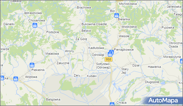 mapa Odrowąż gmina Czarny Dunajec, Odrowąż gmina Czarny Dunajec na mapie Targeo