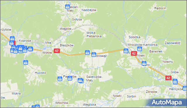 mapa Odrowąż gmina Stąporków, Odrowąż gmina Stąporków na mapie Targeo