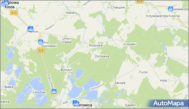 mapa Olchówka gmina Sosnowica, Olchówka gmina Sosnowica na mapie Targeo