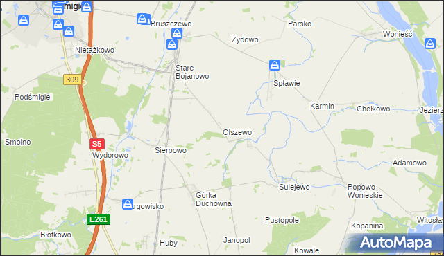 mapa Olszewo gmina Śmigiel, Olszewo gmina Śmigiel na mapie Targeo