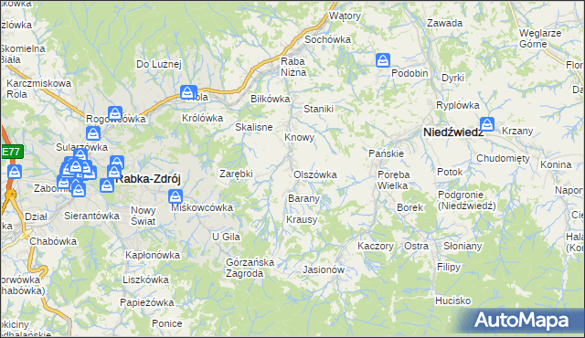 mapa Olszówka gmina Mszana Dolna, Olszówka gmina Mszana Dolna na mapie Targeo