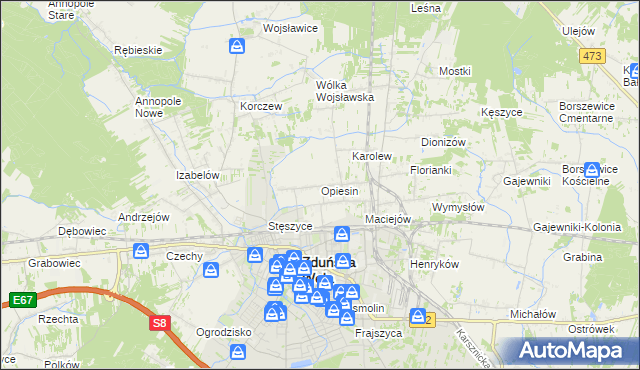 mapa Opiesin gmina Zduńska Wola, Opiesin gmina Zduńska Wola na mapie Targeo