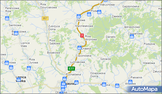 mapa Orawka gmina Jabłonka, Orawka gmina Jabłonka na mapie Targeo