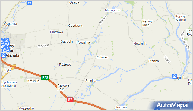 mapa Orliniec gmina Nowy Dwór Gdański, Orliniec gmina Nowy Dwór Gdański na mapie Targeo