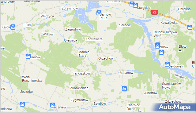 mapa Orzechów gmina Lutomiersk, Orzechów gmina Lutomiersk na mapie Targeo