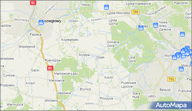 mapa Osiek gmina Koziegłowy, Osiek gmina Koziegłowy na mapie Targeo