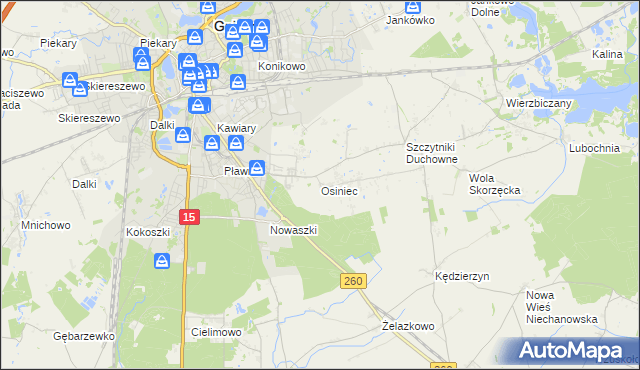 mapa Osiniec gmina Gniezno, Osiniec gmina Gniezno na mapie Targeo