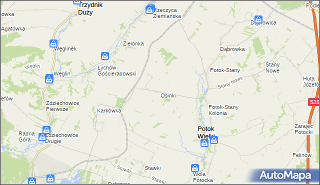 mapa Osinki gmina Potok Wielki, Osinki gmina Potok Wielki na mapie Targeo