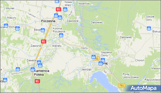 mapa Osiny gmina Kamienica Polska, Osiny gmina Kamienica Polska na mapie Targeo