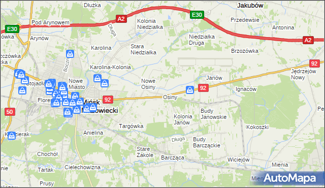 mapa Osiny gmina Mińsk Mazowiecki, Osiny gmina Mińsk Mazowiecki na mapie Targeo