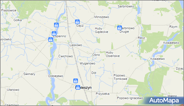 mapa Ośno gmina Janowiec Wielkopolski, Ośno gmina Janowiec Wielkopolski na mapie Targeo