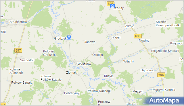 mapa Ossolin gmina Liw, Ossolin gmina Liw na mapie Targeo