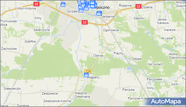 mapa Ostrów gmina Opoczno, Ostrów gmina Opoczno na mapie Targeo