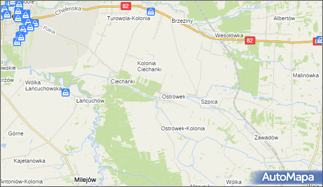 mapa Ostrówek gmina Puchaczów, Ostrówek gmina Puchaczów na mapie Targeo