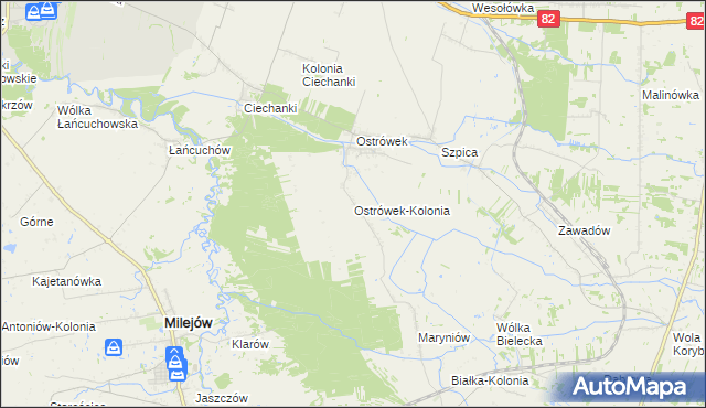 mapa Ostrówek-Kolonia gmina Milejów, Ostrówek-Kolonia gmina Milejów na mapie Targeo