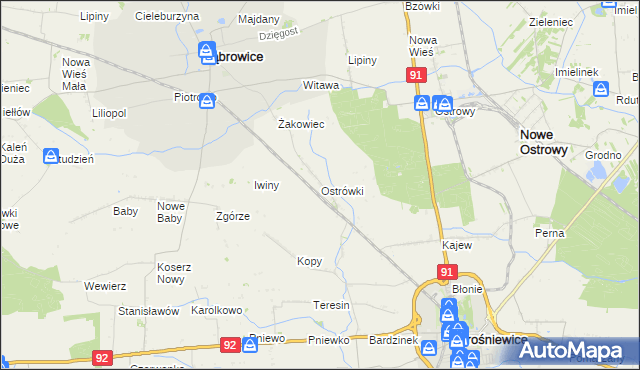 mapa Ostrówki gmina Dąbrowice, Ostrówki gmina Dąbrowice na mapie Targeo