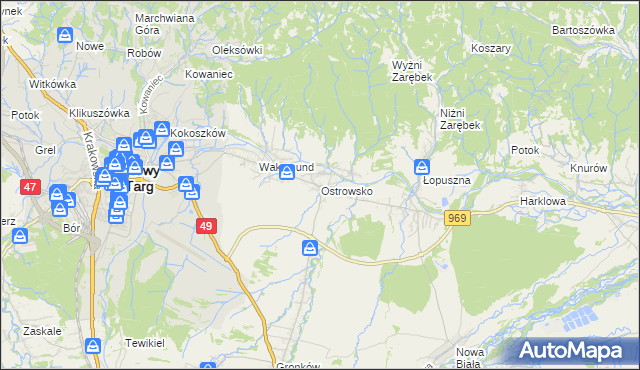 mapa Ostrowsko gmina Nowy Targ, Ostrowsko gmina Nowy Targ na mapie Targeo