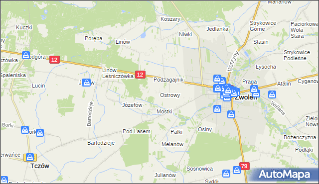 mapa Ostrowy gmina Zwoleń, Ostrowy gmina Zwoleń na mapie Targeo