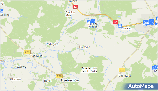 mapa Ostrzyce gmina Trzebiechów, Ostrzyce gmina Trzebiechów na mapie Targeo