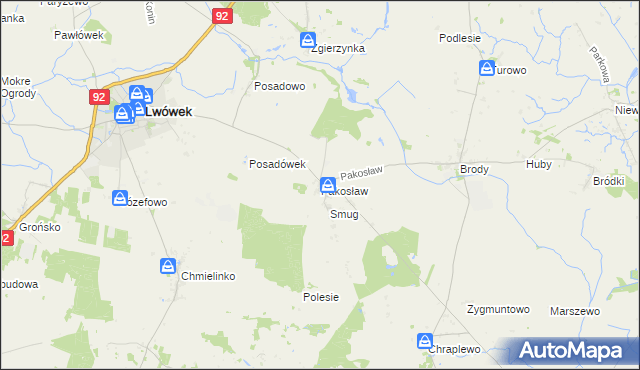 mapa Pakosław gmina Lwówek, Pakosław gmina Lwówek na mapie Targeo