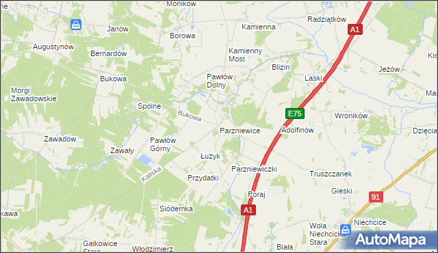 mapa Parzniewice, Parzniewice na mapie Targeo