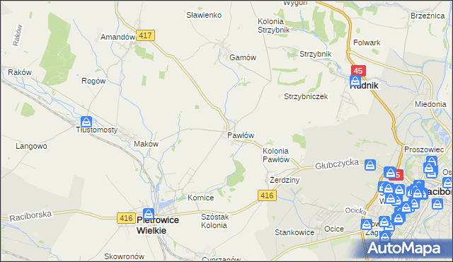 mapa Pawłów gmina Pietrowice Wielkie, Pawłów gmina Pietrowice Wielkie na mapie Targeo