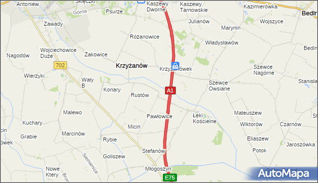 mapa Pawłowice gmina Krzyżanów, Pawłowice gmina Krzyżanów na mapie Targeo