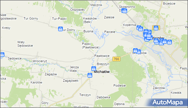 mapa Pawłowice gmina Michałów, Pawłowice gmina Michałów na mapie Targeo