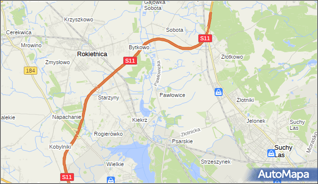 mapa Pawłowice gmina Rokietnica, Pawłowice gmina Rokietnica na mapie Targeo