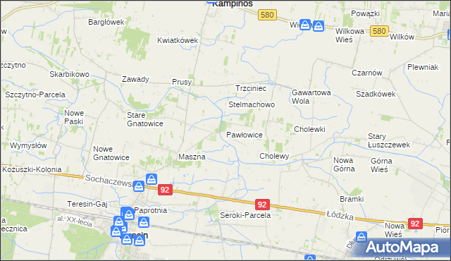 mapa Pawłowice gmina Teresin, Pawłowice gmina Teresin na mapie Targeo