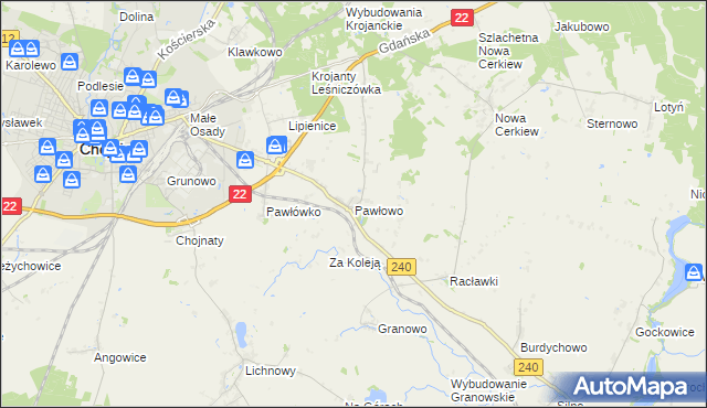 mapa Pawłowo gmina Chojnice, Pawłowo gmina Chojnice na mapie Targeo